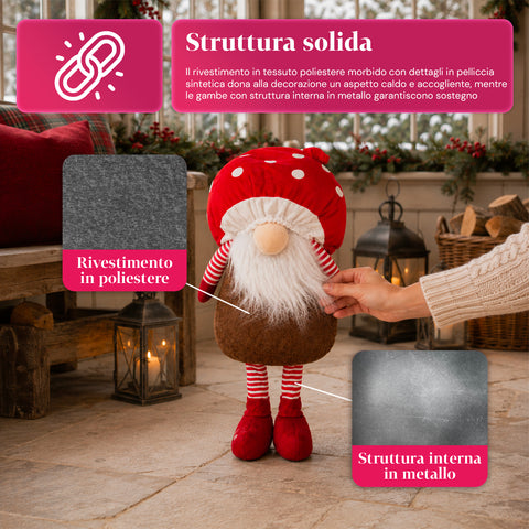 Gnomo natalício em forma de cogumelo com barba, 50 cm, ornamento decorativo de Natal