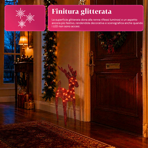 Rena luminosa com purpurina, 90 cm, com LED de luz quente | decoração natalícia em vime – 2 acabamentos, 3 cores