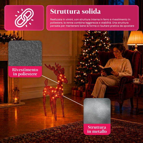 Rena luminosa com purpurina, 90 cm, com LED de luz quente | decoração natalícia em vime – 2 acabamentos, 3 cores