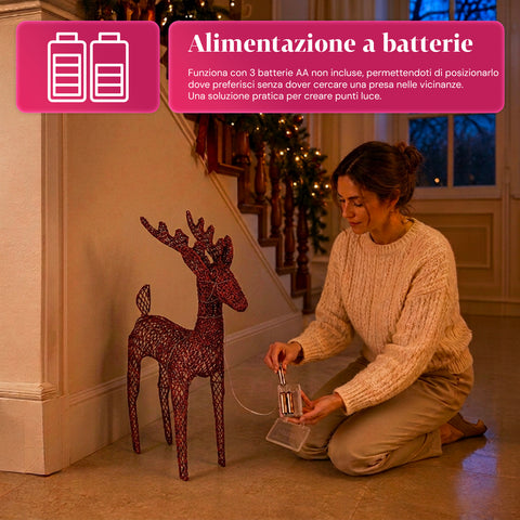 Rena luminosa com purpurina, 90 cm, com LED de luz quente | decoração natalícia em vime – 2 acabamentos, 3 cores