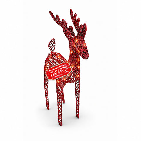 Rena luminosa com purpurina, 90 cm, com LED de luz quente | decoração natalícia em vime – 2 acabamentos, 3 cores