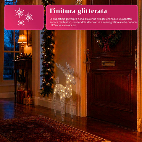 Rena luminosa com purpurina, 90 cm, com LED de luz quente | decoração natalícia em vime – 2 acabamentos, 3 cores