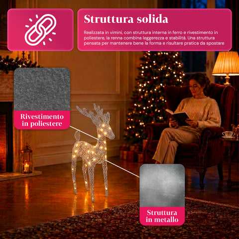 Rena luminosa com purpurina, 90 cm, com LED de luz quente | decoração natalícia em vime – 2 acabamentos, 3 cores