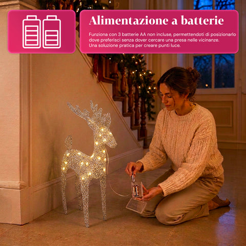 Rena luminosa com purpurina, 90 cm, com LED de luz quente | decoração natalícia em vime – 2 acabamentos, 3 cores