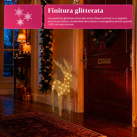Rena luminosa com purpurina, 90 cm, com LED de luz quente | decoração natalícia em vime – 2 acabamentos, 3 cores