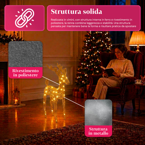 Rena luminosa com purpurina, 90 cm, com LED de luz quente | decoração natalícia em vime – 2 acabamentos, 3 cores