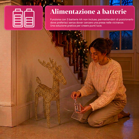 Rena luminosa com purpurina, 90 cm, com LED de luz quente | decoração natalícia em vime – 2 acabamentos, 3 cores
