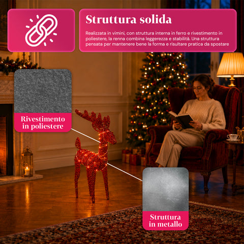 Rena luminosa com purpurina, 90 cm, com LED de luz quente | decoração natalícia em vime – 2 acabamentos, 3 cores