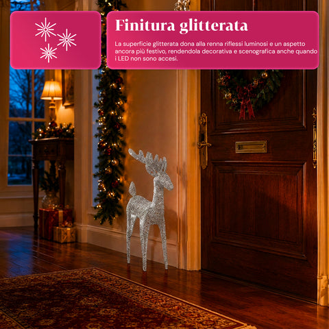 Rena luminosa com purpurina, 90 cm, com LED de luz quente | decoração natalícia em vime – 2 acabamentos, 3 cores