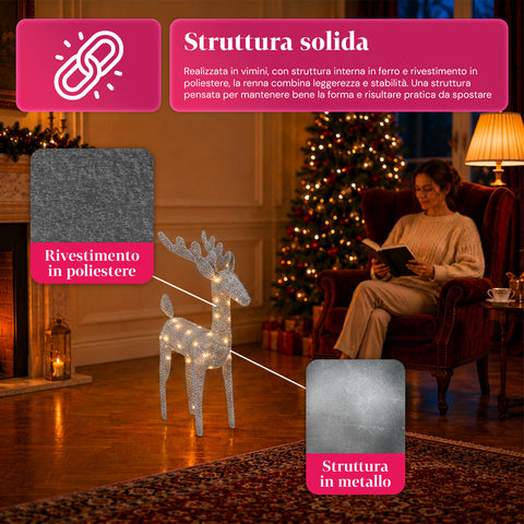 Rena luminosa com purpurina, 90 cm, com LED de luz quente | decoração natalícia em vime – 2 acabamentos, 3 cores