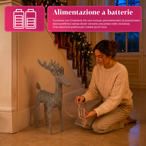 Rena luminosa com purpurina, 90 cm, com LED de luz quente | decoração natalícia em vime – 2 acabamentos, 3 cores