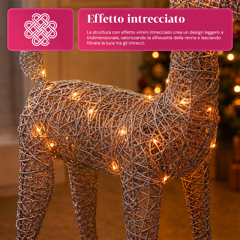 Rena luminosa com purpurina, 90 cm, com LED de luz quente | decoração natalícia em vime – 2 acabamentos, 3 cores