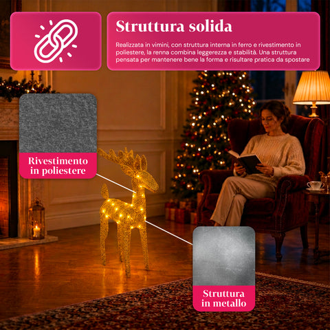 Rena luminosa com purpurina, 90 cm, com LED de luz quente | decoração natalícia em vime – 2 acabamentos, 3 cores