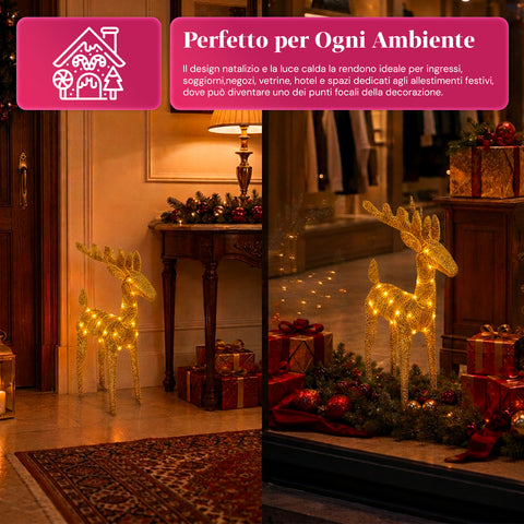 Rena luminosa com purpurina, 90 cm, com LED de luz quente | decoração natalícia em vime – 2 acabamentos, 3 cores