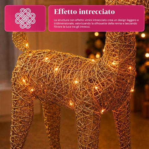 Rena luminosa com purpurina, 90 cm, com LED de luz quente | decoração natalícia em vime – 2 acabamentos, 3 cores