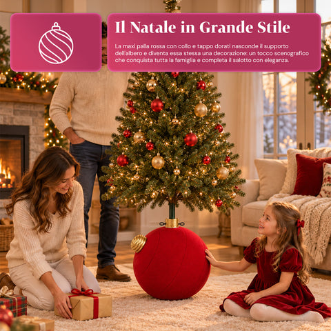Base para árvore de Natal com bola gigante e efeito de veludo, 41x41x44 cm, para árvores até 180 cm - cobertura de base com encaixe de Ø 4 cm, vermelho bordeaux e verde