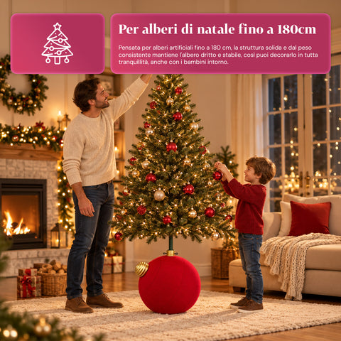 Base para árvore de Natal com bola gigante e efeito de veludo, 41x41x44 cm, para árvores até 180 cm - cobertura de base com encaixe de Ø 4 cm, vermelho bordeaux e verde