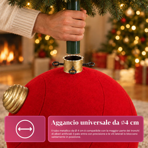 Base para árvore de Natal com bola gigante e efeito de veludo, 41x41x44 cm, para árvores até 180 cm - cobertura de base com encaixe de Ø 4 cm, vermelho bordeaux e verde