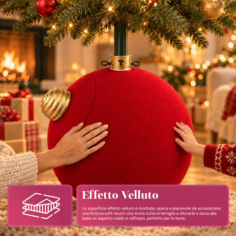 Base para árvore de Natal com bola gigante e efeito de veludo, 41x41x44 cm, para árvores até 180 cm - cobertura de base com encaixe de Ø 4 cm, vermelho bordeaux e verde