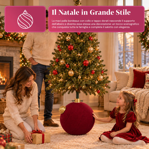 Base para árvore de Natal com bola gigante e efeito de veludo, 41x41x44 cm, para árvores até 180 cm - cobertura de base com encaixe de Ø 4 cm, vermelho bordeaux e verde