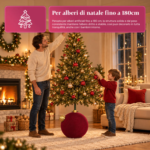 Base para árvore de Natal com bola gigante e efeito de veludo, 41x41x44 cm, para árvores até 180 cm - cobertura de base com encaixe de Ø 4 cm, vermelho bordeaux e verde