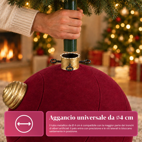 Base para árvore de Natal com bola gigante e efeito de veludo, 41x41x44 cm, para árvores até 180 cm - cobertura de base com encaixe de Ø 4 cm, vermelho bordeaux e verde