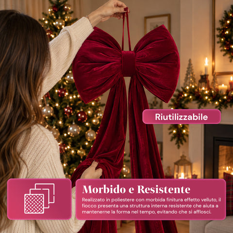 Laço grande de veludo vermelho, 190 cm – ornamento almofadado com gancho, decoração para porta, árvore e interiores