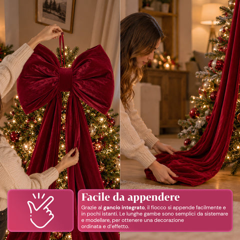Laço grande de veludo vermelho, 190 cm – ornamento almofadado com gancho, decoração para porta, árvore e interiores