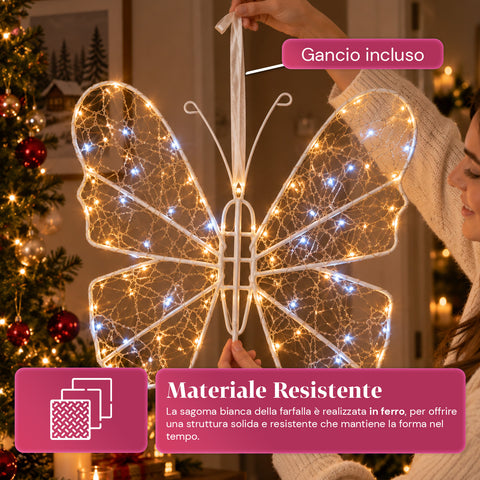 Borboleta luminosa LED branca 50x40 cm – candeeiro decorativo de ferro com fio dourado, luzes brancas quentes e frias, alimentação USB e gancho
