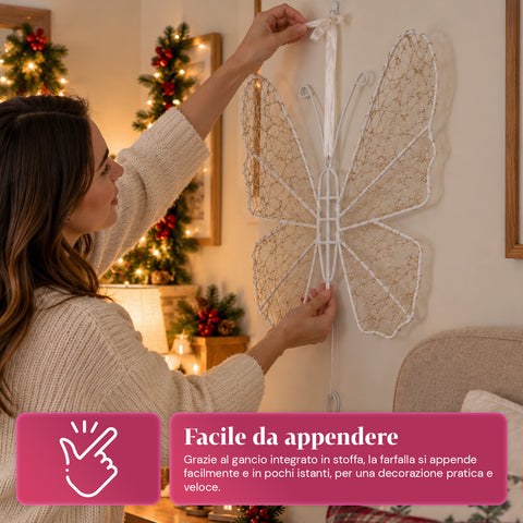 Borboleta luminosa LED branca 50x40 cm – candeeiro decorativo de ferro com fio dourado, luzes brancas quentes e frias, alimentação USB e gancho