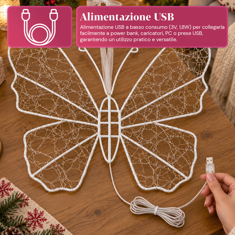 Borboleta luminosa LED branca 50x40 cm – candeeiro decorativo de ferro com fio dourado, luzes brancas quentes e frias, alimentação USB e gancho