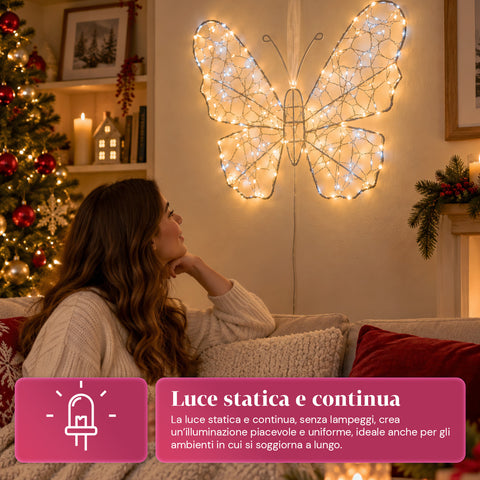 Borboleta luminosa LED branca 50x40 cm – candeeiro decorativo de ferro com fio dourado, luzes brancas quentes e frias, alimentação USB e gancho