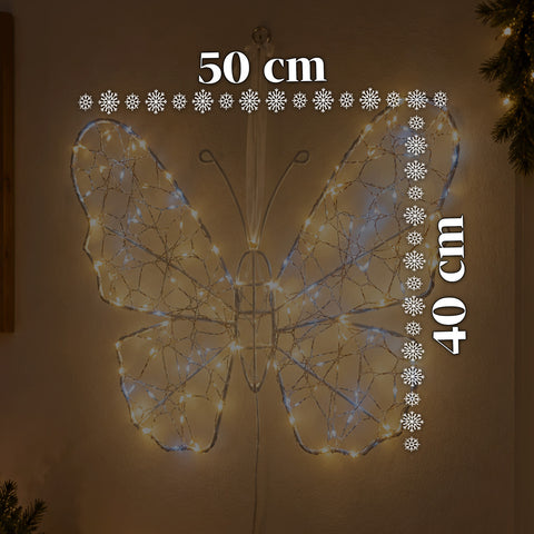Borboleta luminosa LED branca 50x40 cm – candeeiro decorativo de ferro com fio dourado, luzes brancas quentes e frias, alimentação USB e gancho