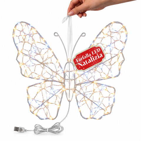 Borboleta luminosa LED branca 50x40 cm – candeeiro decorativo de ferro com fio dourado, luzes brancas quentes e frias, alimentação USB e gancho