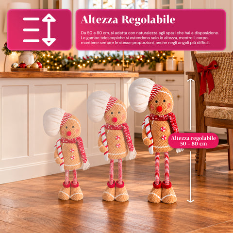 Boneco de gengibre natalício expansível de 50-80 cm, decoração de Natal em peluche com pernas telescópicas, 2 variantes