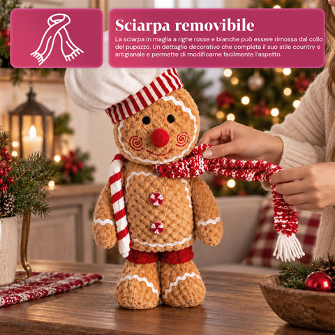 Boneco Gingerbread em peluche de 30 ou 40 cm – decoração natalícia com chapéu de chef ou gorro de Natal