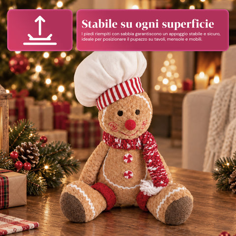 Boneco Gingerbread em peluche de 30 ou 40 cm – decoração natalícia com chapéu de chef ou gorro de Natal