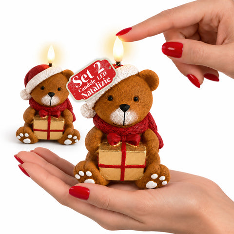 Candela Natalizia LED a Batteria in 3 Varianti – Babbo Natale con Albero, Orsetto e Viso Orso, Fiamma Effetto Reale, Decorazione Natale