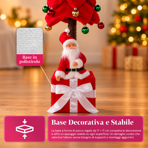 Árvore de Natal decorativa extensível de 95 cm e 90 cm em poliéster, com base em forma de presente e bolas vermelhas, verdes e douradas – 3 variantes de cor