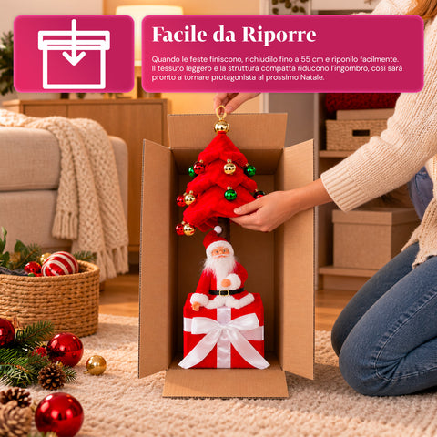 Árvore de Natal decorativa extensível de 95 cm e 90 cm em poliéster, com base em forma de presente e bolas vermelhas, verdes e douradas – 3 variantes de cor