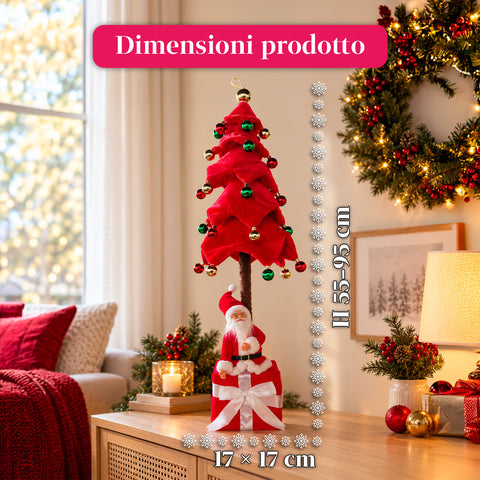 Árvore de Natal decorativa extensível de 95 cm e 90 cm em poliéster, com base em forma de presente e bolas vermelhas, verdes e douradas – 3 variantes de cor