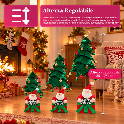 Árvore de Natal decorativa extensível de 95 cm e 90 cm em poliéster, com base em forma de presente e bolas vermelhas, verdes e douradas – 3 variantes de cor