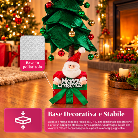 Árvore de Natal decorativa extensível de 95 cm e 90 cm em poliéster, com base em forma de presente e bolas vermelhas, verdes e douradas – 3 variantes de cor