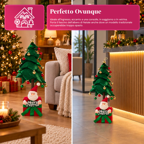 Árvore de Natal decorativa extensível de 95 cm e 90 cm em poliéster, com base em forma de presente e bolas vermelhas, verdes e douradas – 3 variantes de cor