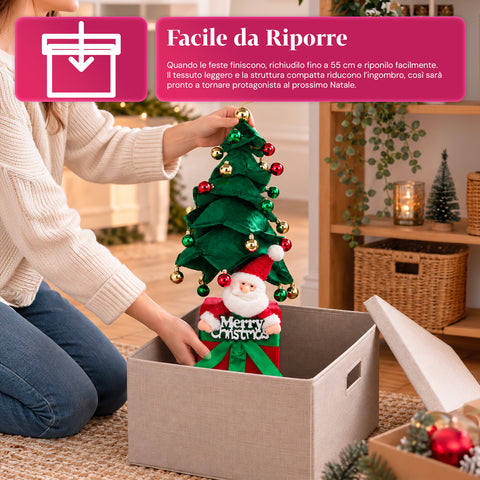 Árvore de Natal decorativa extensível de 95 cm e 90 cm em poliéster, com base em forma de presente e bolas vermelhas, verdes e douradas – 3 variantes de cor