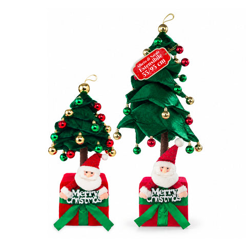 Árvore de Natal decorativa extensível de 95 cm e 90 cm em poliéster, com base em forma de presente e bolas vermelhas, verdes e douradas – 3 variantes de cor