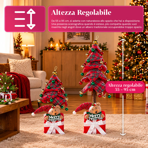 Árvore de Natal decorativa extensível de 95 cm e 90 cm em poliéster, com base em forma de presente e bolas vermelhas, verdes e douradas – 3 variantes de cor