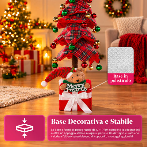 Árvore de Natal decorativa extensível de 95 cm e 90 cm em poliéster, com base em forma de presente e bolas vermelhas, verdes e douradas – 3 variantes de cor