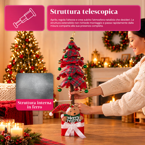 Árvore de Natal decorativa extensível de 95 cm e 90 cm em poliéster, com base em forma de presente e bolas vermelhas, verdes e douradas – 3 variantes de cor