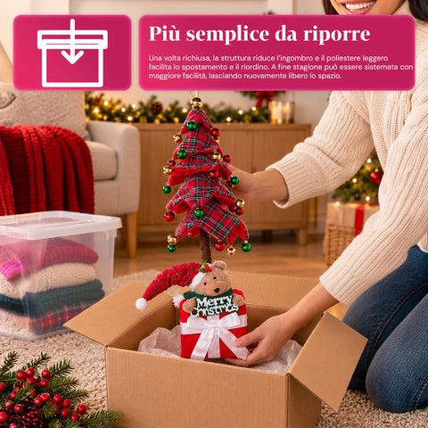 Árvore de Natal decorativa extensível de 95 cm e 90 cm em poliéster, com base em forma de presente e bolas vermelhas, verdes e douradas – 3 variantes de cor